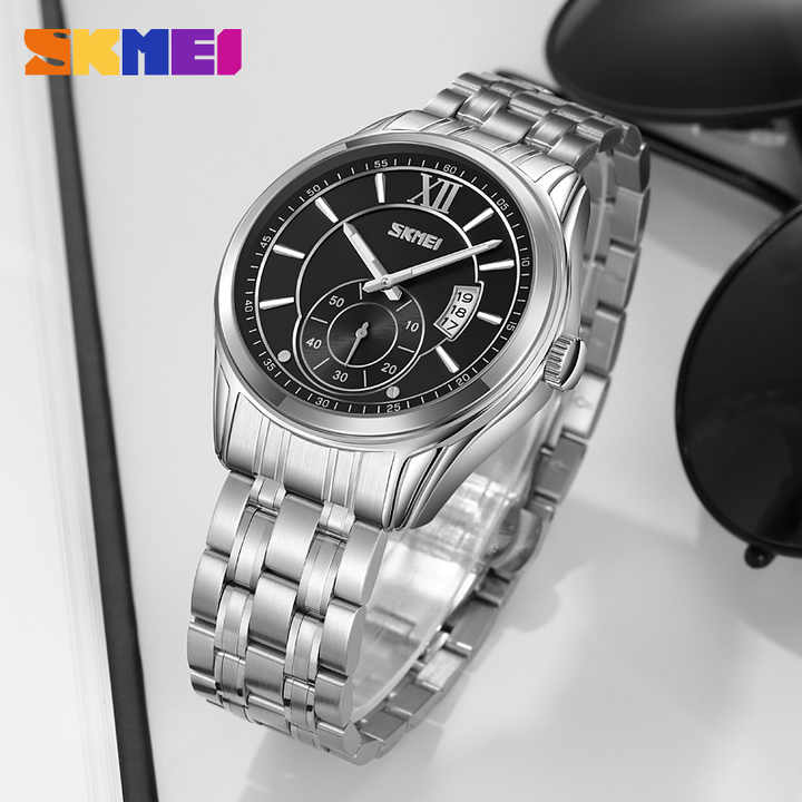Skmei 9319 Stainless Steel Men Elegance & 100% Waterproof Watches Silver Black.
