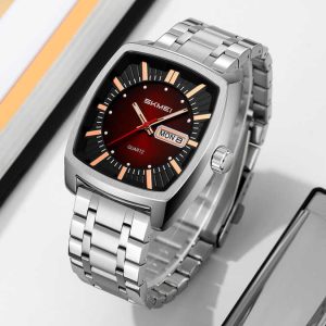 Skmei 9354 Stainless Steel Men Elegance & 100% Waterproof Watches Silver Black Red. - Image 1