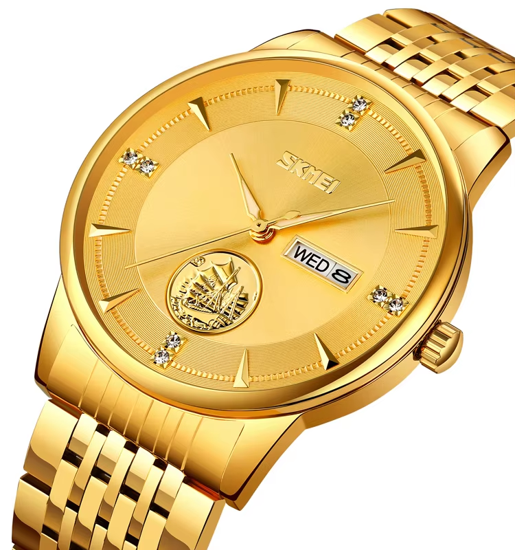 SKMEI 9309 Stainless Steel Strap Waterproof Men Watch Full Gold.