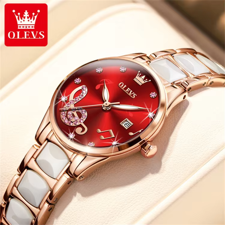 Olevs 3605 Women's Elegant Ceramic Quartz Watch Stainless Steel Waterproof Japan Movement Red.