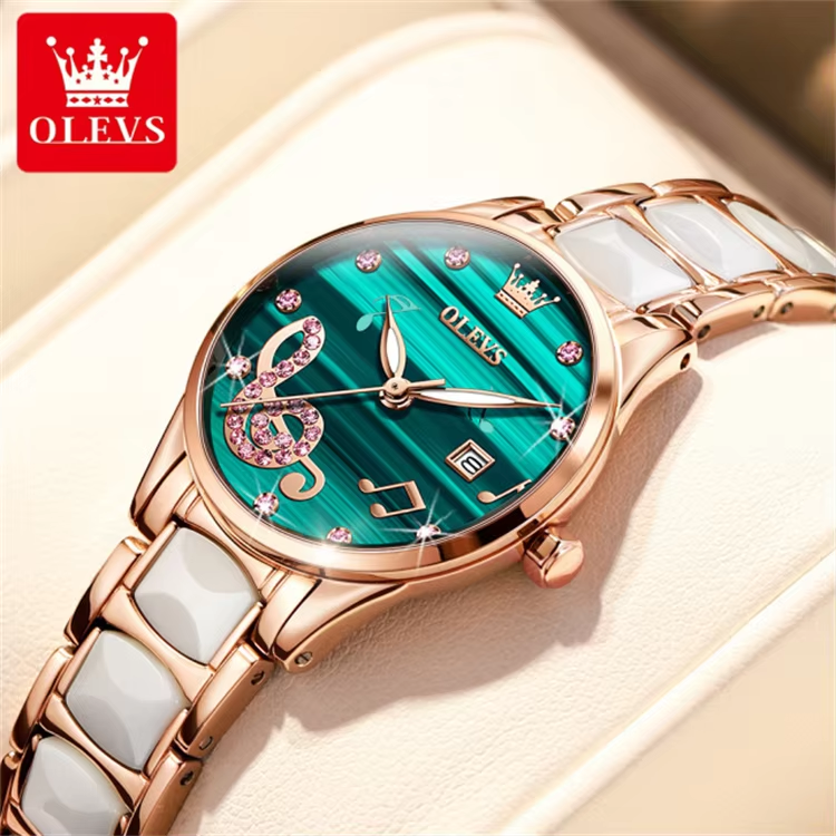 Olevs 3605 Women's Elegant Ceramic Quartz Watch Stainless Steel Waterproof Japan Movement Green.