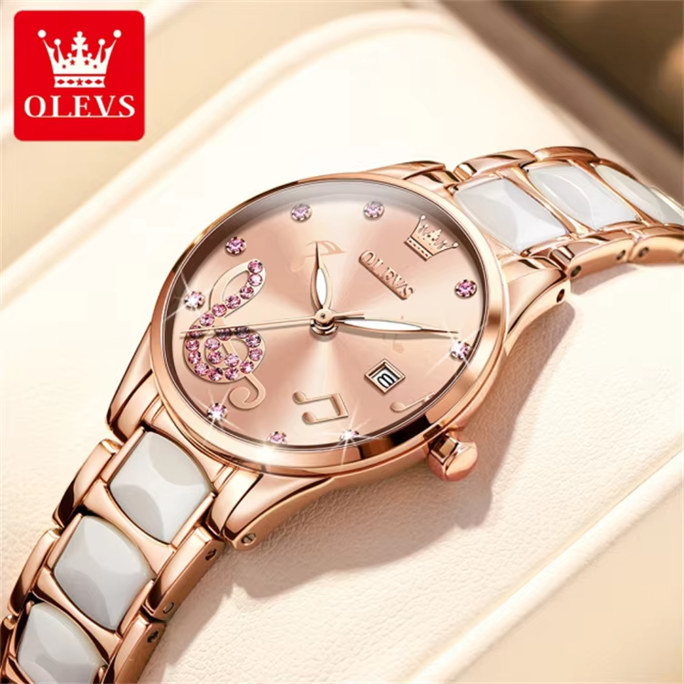 Olevs 3605 Women's Elegant Ceramic Quartz Watch Stainless Steel Waterproof Japan Movement Pink.
