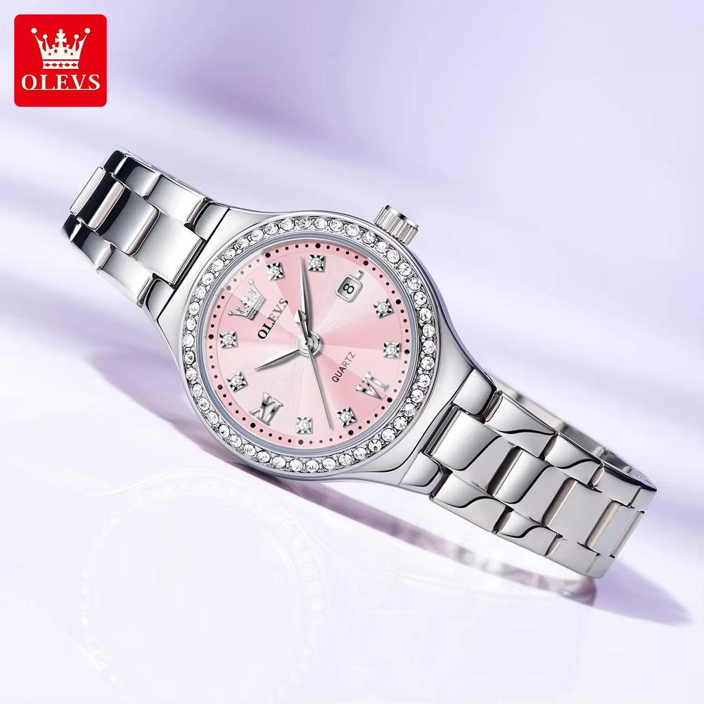 OLEVS 5628 Womens Watch Exclusive Stainless Steel & Waterproof Date Display Silver Pink.