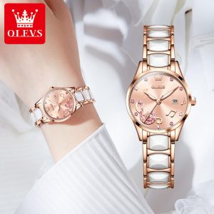 Olevs 3605 Women's Elegant Ceramic Quartz Watch Stainless Steel Waterproof Japan Movement Pink. - Image 4