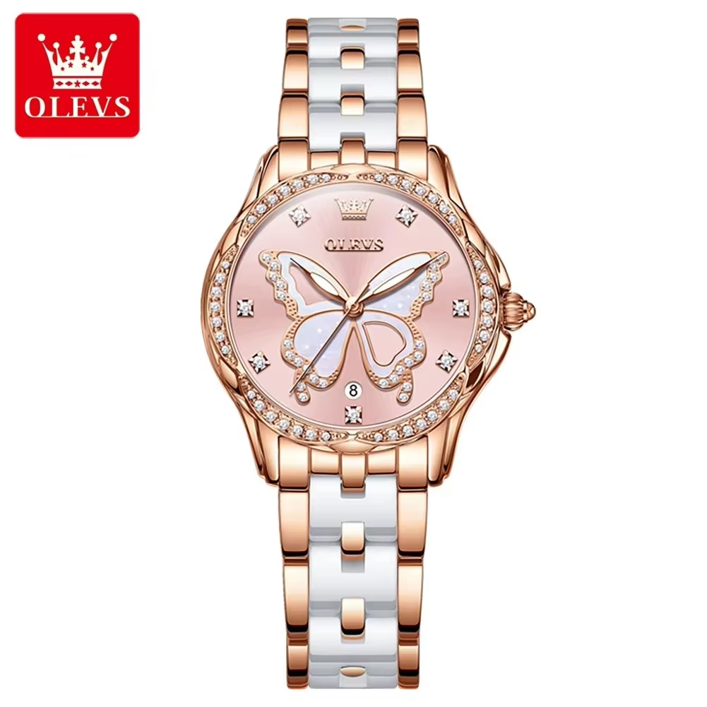 OLEVS 5610 Women's Elegant Ceramic Diamond Watches Pink.
