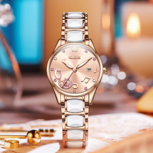 Olevs 3605 Women's Elegant Ceramic Quartz Watch Stainless Steel Waterproof Japan Movement Pink. - Image 2
