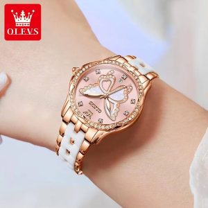 OLEVS 5610 Women's Elegant Ceramic Diamond Watches Pink. - Image 2