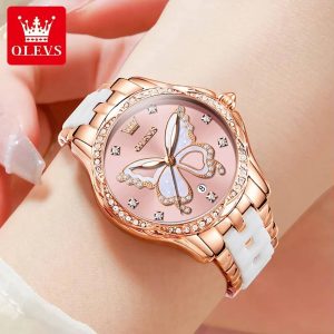 OLEVS 5610 Women's Elegant Ceramic Diamond Watches Pink. - Image 3