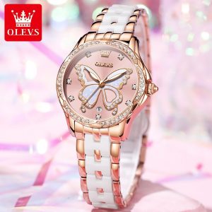 OLEVS 5610 Women's Elegant Ceramic Diamond Watches Pink. - Image 4