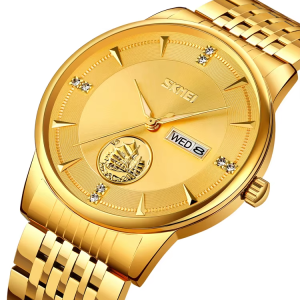 SKMEI 9393 Stainless Steel Waterproof Men Watch Gold. - Image 2