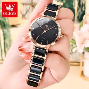 OLEVS 5877 New Fashion Ladies Japanese Movement Ceramics Watch Black.